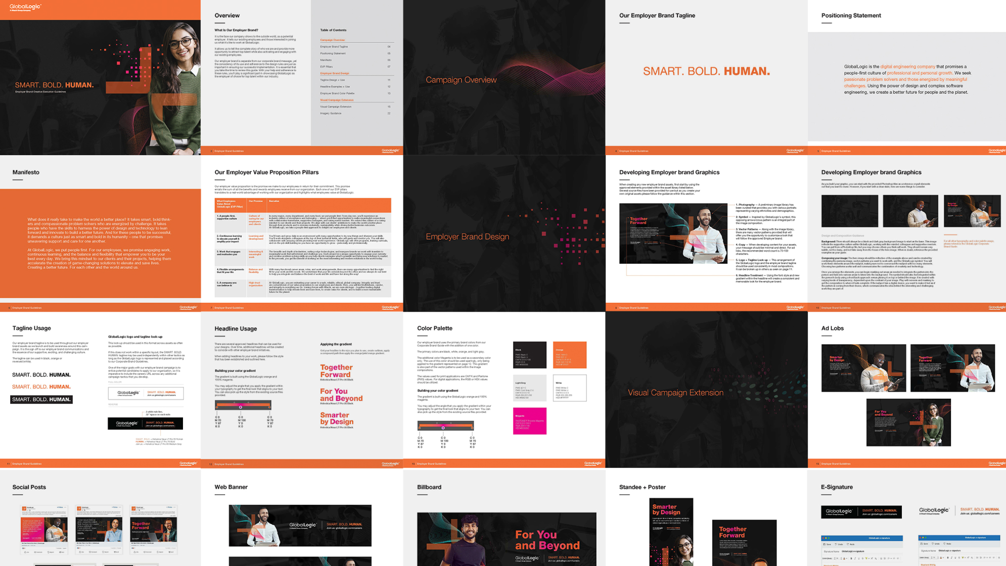 A collage of GlobalLogic style guide pages.