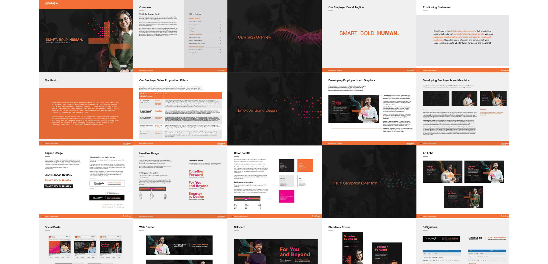 A collage of GlobalLogic style guide pages.