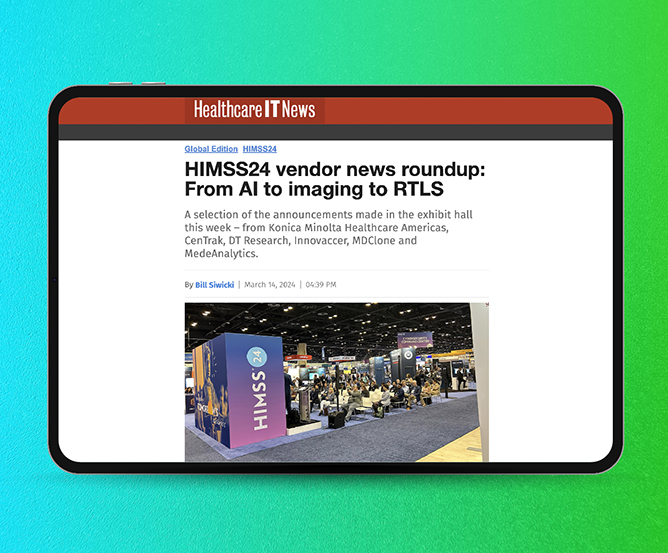 Article on a tablet. Headline reads: HIMSS24 vendor news roundup: From AI to imaging to RTLS