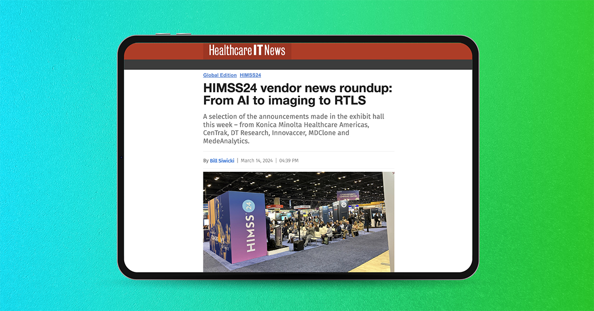 Article on a tablet. Headline reads: HIMSS24 vendor news roundup: From AI to imaging to RTLS