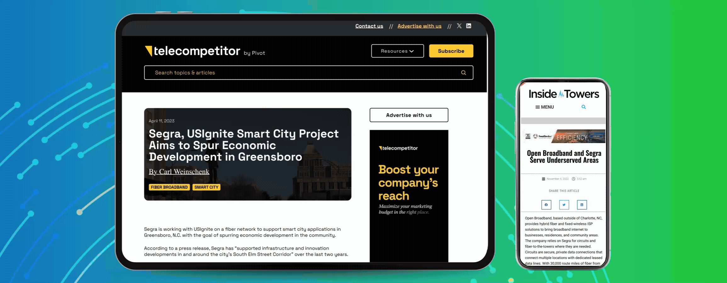 Animated GIF showcasing multiple publications featuring Segra on a tablet and a smartphone.