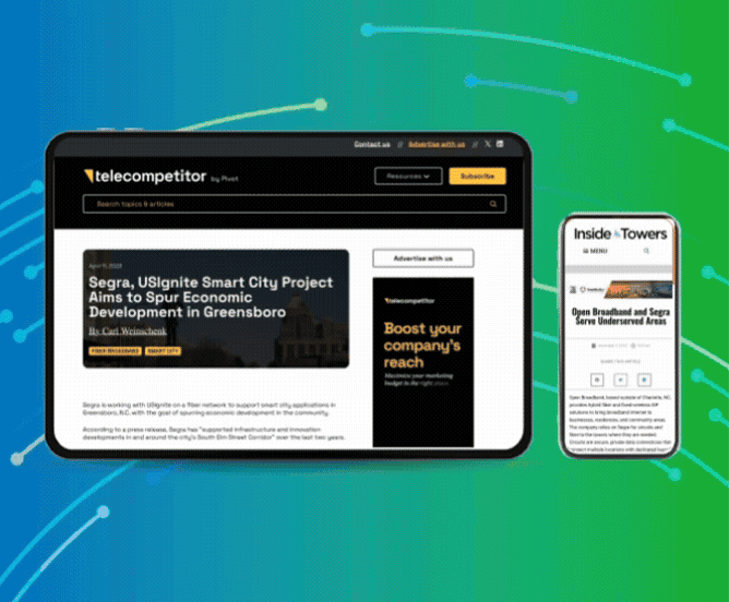 Animated GIF showcasing multiple publications featuring Segra on a tablet and a smartphone.