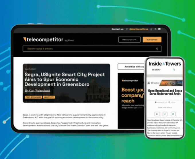 Animated GIF showcasing multiple publications featuring Segra on a tablet and a smartphone.