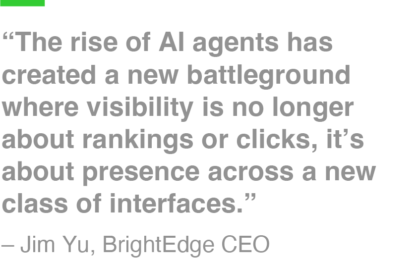 “The rise of AI agents has created a new battleground where visibility is no longer about rankings or clicks, it’s about presence across a new class of interfaces.” – Jim Yu, BrightEdge CEO